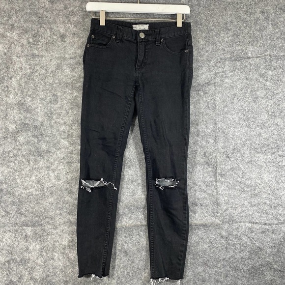 Free People Jeans 24 Black Denim Skinny Mid Rise Distressed - Picture 2 of 11
